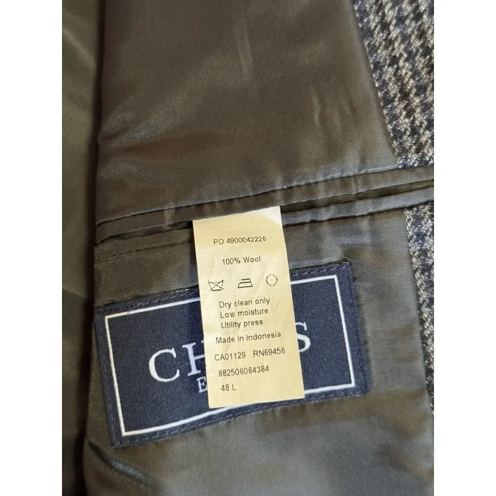 CHAPS 100% Wool Houndstooth Sport Coat Blazer Elbow Patches Academia Prof 48L